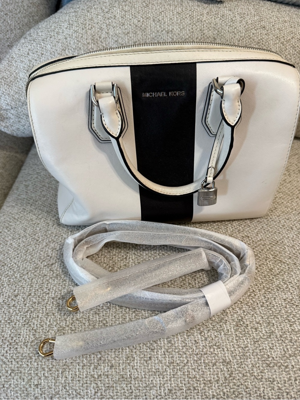Michael Kors White Satchel with Black Center Stripe